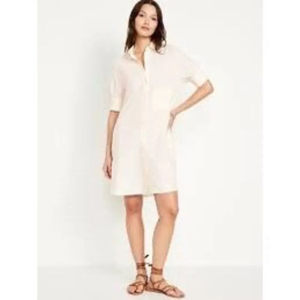 Old Navy Shirt Dress  Beige Short Sleeve Linen Blend Pockets SZ XL